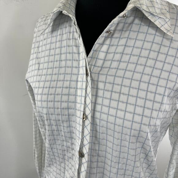 VINTAGE Escada White Blue Check Long Sleeve Button-Down Women's Cotton Shirt S - Picture 6 of 11